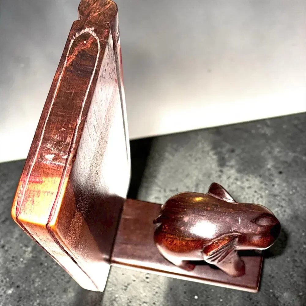 Vintage Wooden Elephant Bookends | Carved Elephant Shelf Decor Pair